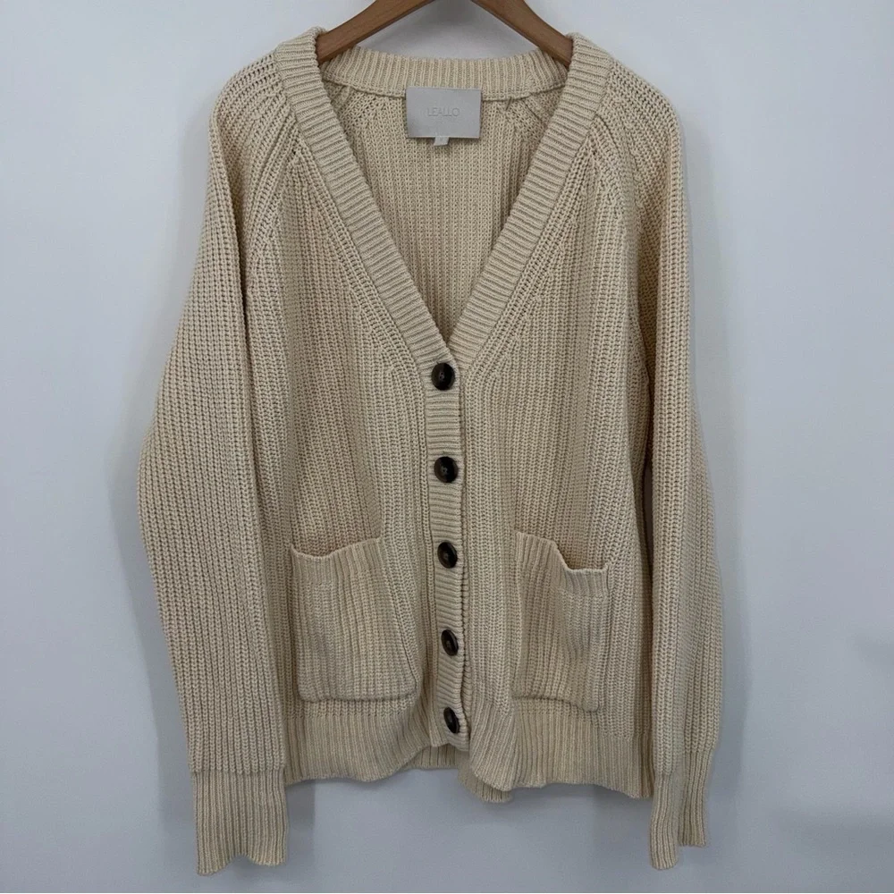 Leallo 100% Cotton Textural-Stitch V-Neck Button Up Cardigan